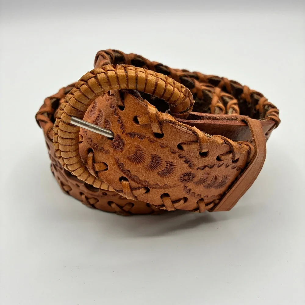 Vintage Hand Tooled Leather Belt Mens 38 Tan Whipstitch Western Boho Cutout